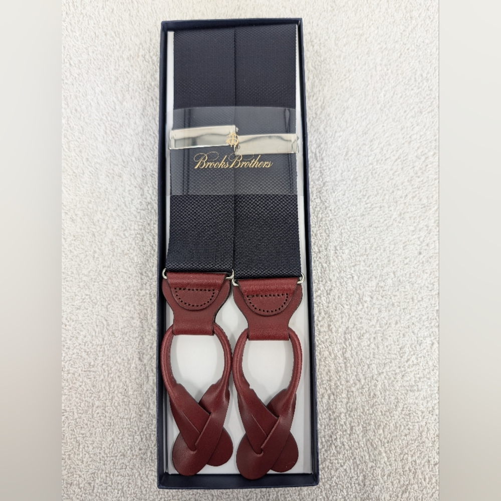NIB Brooks Brothers Men's O/S Navy Blue Mahogany Leather Adjustable Suspenders